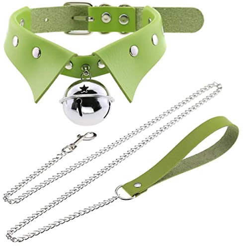 LAIFEKE Punk Glocken Choker Kette PU Leder Gothic Halsband Halskette Goth Leash Gürtel Hals Zubehör Einstellbare Größe (Grün)