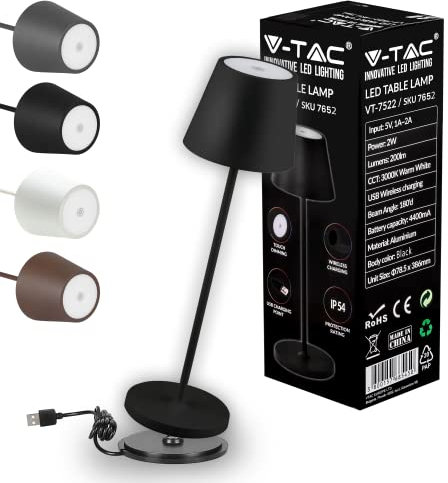 V-TAC Lampada da Tavolo senza Fili LED Dimmerabile in Alluminio – Lampada Nera Wireless per Uso Interno ed Esterno IP54 da Casa o Ristorante – Design Elegante – Luce Bianca Calda