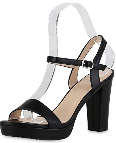 VAN HILL Damen Riemchensandaletten Sandaletten Blockabsatz Schuhe Party Absatzschuhe Elegante Plateau Vorne Riemchenschuhe 211522 Schwarz 38