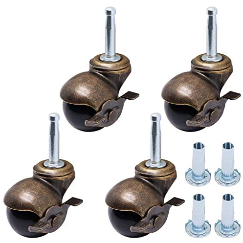 SWZHAI 1.5 Inch Ball Casters Set of 4, Antique Caster Wheels Furniture Casters with Sockets, Brass Vintage Castor Wheels Heavy Duty Stem Caster Wheels for Chair, Tables, Drawer, Kitchen Shelf