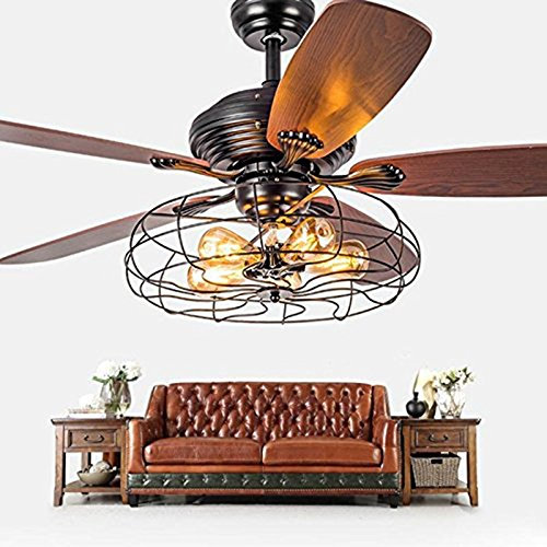 HHUARI Luci Ventilatore Industriale Plafoniera Semi Incasso Antico Ventilatore da Soffitto retrò Vintage Lampadario Gabbia Luce in Stile Rustico/Telecomando-1 32Cm The New