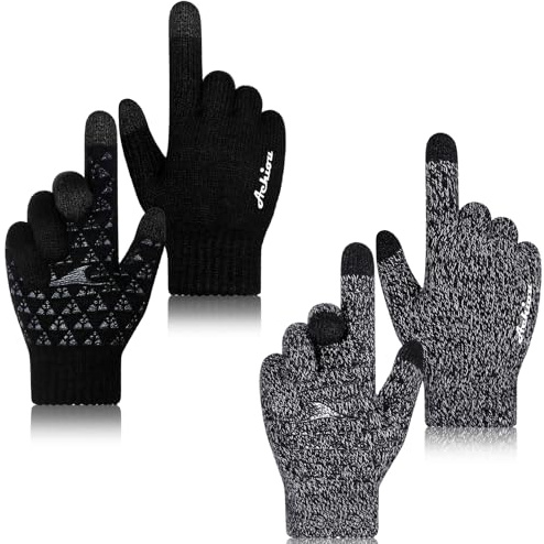 Achiou Winter Gloves for Men Women, 2 Pairs Touch Screen Texting Warm Running Gloves Thermal Soft Knit Lining, Elastic Cuff