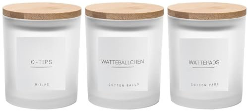 Ezebesta 3PCS 400ml Moderne Badezimmer-Kanister mit 12 Etiketten Hölzerner Deckel Dicker Klarglasbehälter Set Wattestäbchenhalter für Wattebausch Wattepads Aufbewahrungsorganisation