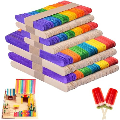 400 Stück Eisstiele Holz, Eisstiele zum Basteln, Bunte Holzstäbchen zum Basteln, Eisstäbchen Holz Bunt in 2 Größen, 7 Farben Holzstäbchen Holzspatel Holzstäbe für DIY Handwerk Geschenke Dekoration(A)