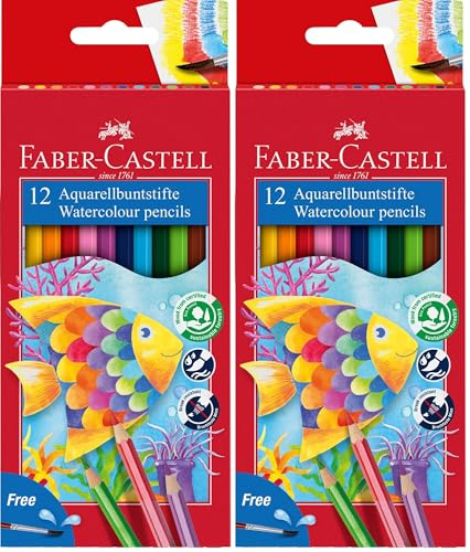 Faber-Castell 114413 - Aquarellbuntstifte Kinder-Aquarell, 12er Etui mit Pinsel (Packung mit 2)
