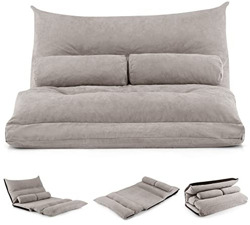 COSTWAY Klappbares Bodensofa, 3 in 1 Schlafsofa mit Schlaffunktion und Verstellbarer Rückenlehne, Sofabett mit 2 Lendenkissen, Klappsofa Schlafsessel für Wohnzimmer & Schlafzimmer, Grau