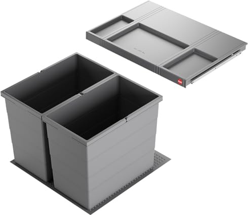 Hailo Abfallsammler 3301651 Einsatz | Allegro Abfalleimer 2fach flexiebel | Einbau Mülleimer passend in 60 cm Schrankauszug | Antirutschmatte Inneneimer und Deckel Höhe 397 in Kunststoff Dunkelgrau