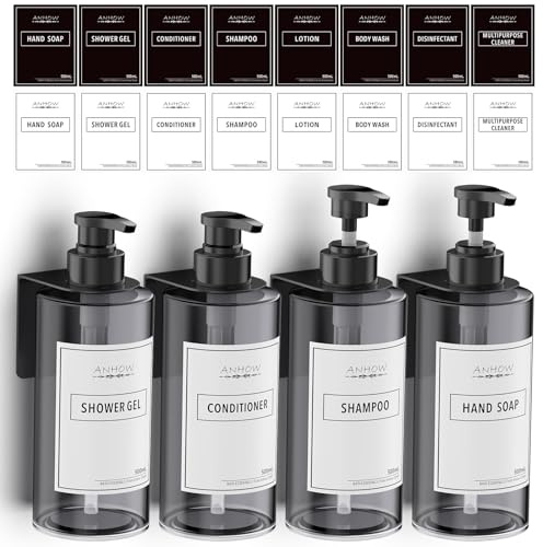 Anhow 4 st duschtvåldispenser, 500 ml väggmonterat schampo- och balsamdispenser, vägg utan borrning av plast, handtvåldispenser med vattentäta etiketter för kök och badrum (grå)