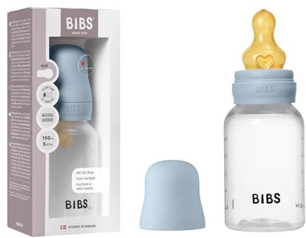 BIBS Baby Bottle 150 ml Natural Rubber Latex Teat - Anti-Colic, BPA-Free, Round Teat, Slow Flow, Lightweight & Easy to Clean, Suitable for Newborns 0+ Years - Baby Blue