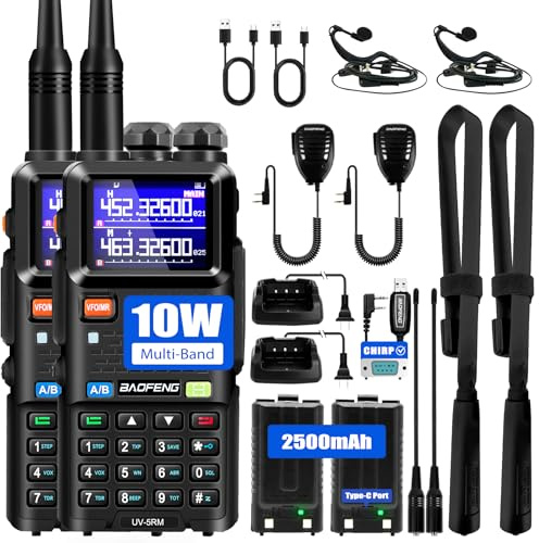 BAOFENG 5RM Ham Radio 10W Long Range Handheld NOAA Weather Receiver 2500mAh Battery UV-5R Upgrade with Programming Cable,Speaker Mic,Tactical Antenna,Type-C Charging,2Pack