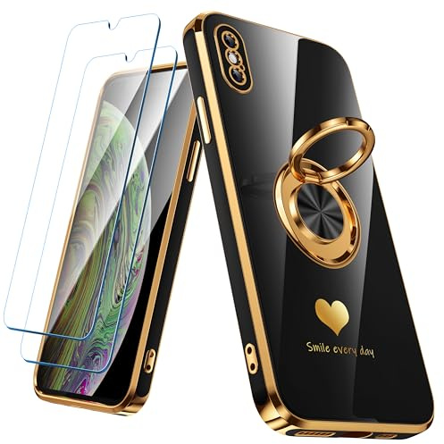 Nonional Compatible for iPhone X/XS Case with 2 Pack Screen Protector, 360° Rotatable Ring Holder [Luxury Hearts Pattern] Plating Gold Edge Slim Soft Phone Case for iPhone X/XS - Black
