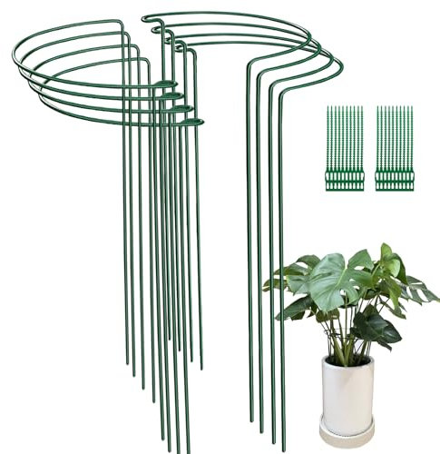 8 Pack 25x60cm Garden Plant Support Stakes Ring Cages with 20 PCS Plant Ties, Metal Half Round Plant Ring for Peonies, Hydrangea, Tomato, Rose