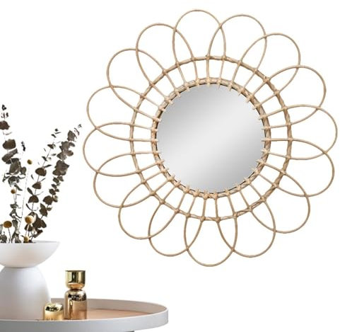Boho Wicker Round Hanging Mirror - Wall Decoration with Woven Frame for Living Room, Door or Bedroom Mirror Versatile for Makeup, Dressing Room, or as a Decorative Accent Chic and Innovative
