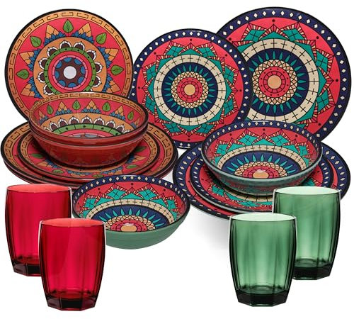 Melamin Geschirr Set Toskana Deep für 4 Personen - 16 Teile Rot-Grün - Mandala-Optik mit farblich passenden Trinkgläsern 320 ml Zubehör Campinggeschirr Wohnwagen Camping Festival Picknick Gartenparty