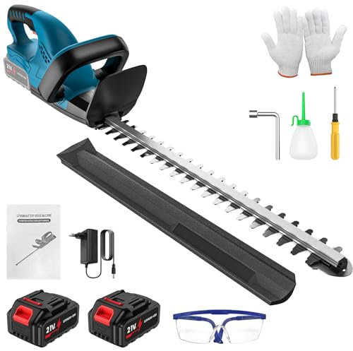Cortasetos Inalámbricos 21 V, 52CM Cortasetos Electrico con Batería 2 x 3,0 Ah, Motor sin Escobillas, Espacio Entre Cuchillas 1,5CM, Doble Interruptor y Cuchilla Doble, Cortasetos Bateria para Jardín