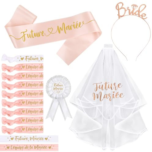 15pcs EVJF Accessoire Enterrement de Vie de Jeune Fille Voile Blanc Future Mariée et Écharpe Mariée Rose avec Bandeau Bride Badge Mariée Bracelet evjf Déguisement Décoration pour Fête Mariage Soirée