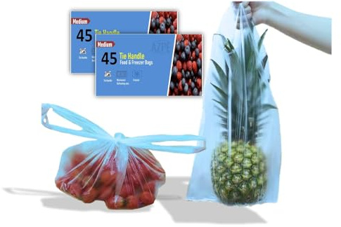 90 Medium Food Freezer Bags with Tie Handles & Writable Panel, Extra Strong Food Storage Bag, Freezer Bags Medium For Storing & Freezing, Sandwich Food Bags, Microwave Safe