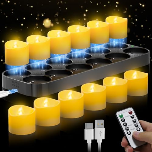 daphomeu 12er Wiederaufladbare LED Teelichter mit Fernbedienung und Timerfunktion - Magnetische Ladestation, 100H+ Betrieb, Flackernde Elektrische Kerzen für Weihnachtsdeko & Tischdekoration