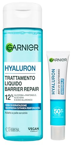 Garnier Hyaluron Barrier Repair Fluid Anti-UV SPF50+ Täglich unsichtbar 40 ml + feuchtigkeitsspendende Flüssigkeitsbehandlung zum Aufpolstern der Hautbarriere 120 ml – 2er-Set