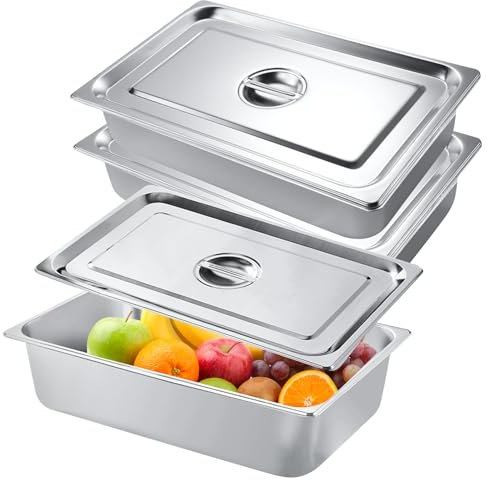 Set di 3 vaschette per il panaggio, in acciaio inox con coperchio, contenitore Gn 1/3, contenitore per ingredienti in acciaio inox, con coperchio, per cucina, stazione di pizza, accessori per insalata