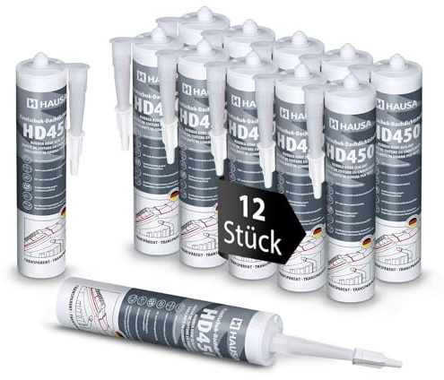 Hausa Kautschuk Dachdichtstoff HD450 Transparent 12x 300ml dauerelastische Dichmasse & Kleber für Dach Dachrinnen Trapezblech Dachfolien Dachbahnen, wetterfest, kompatibel mit Bitumenwerkstoffen