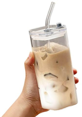 Bicchiere in vetro trasparente da 400 ml con coperchio in legno e cannuccia in vetro, riutilizzabile, a forma di lattina, per bevande fredde, succhi, caffè, cocktail, whisky