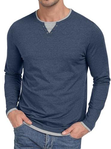 Hisir Camisas de manga larga para hombre, de algodón, ajuste regular, con bloques de color, cuello Henly, camisetas casuales para otoño e invierno
