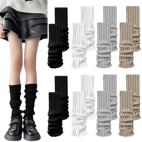 KIKAWORD 8 Pairs Women's Leg Warmer,Ribbed Knit Leg Warmers Ladies Y2K 80s for Women Girls,Long Boot Cuff Knee Socks for Daily Ballet Yoga Dance Ice Skating(White/Black/Grey/Brown)