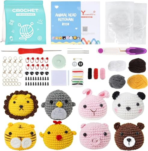 Minnhua 8PCS Häkelpaket für Anfänger Tier Häkeln Set für Anfänger | Häkelnadel Set mit Schritt-für-Schritt-Anleitungsvideo Tiere Kreativ Strickset Bastelset für Erwachsene Kinder Geschenk