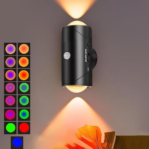 EOEO RGB Wandleuchte mit Bewegungsmelder Innen Kabellose Wandlampe Up and Down LED Leuchte 2600mAh Akku USB Aufladbare Magnetische Nachtlicht für Flur Schlafzimmer Wohnzimmer Küche Treppe,Schwarz