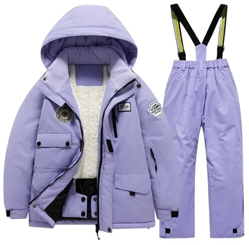 Generisch Kinder Schneeanzug Mädchen Jungen Warme Wasserdicht Daunenmantel Mit Kapuze Und Skihose 2pcs Set Skianzug Bekleidungsset Winter Süß Skiset Für Skifahren 5-13 Jahre