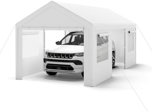 GYMAX extra großes Carport Zeltgarage, Lagerzelt mit aufrollbaren Fenstern, abnehmbaren Seitenwänden &Türen, wasserfeste PE-Plane, wetterfeste Autogarage für Auto, SUV (3 x 5.8 m,Weiß)