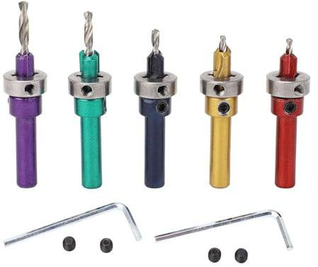 Set di 5 punte per trapano per svasatore per legno, punte per trapano per svasatore conico regolabile, 2,8‑4,0 mm con anelli di arresto di profondità, acciaio ad alta velocità per