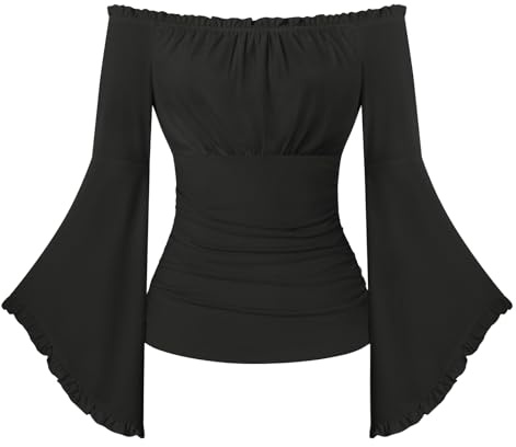 SCARLET DARKNESS Renaissance Pirate Wrap Top Women Off the Shoulder Flare Sleeve Blouse Medieval Gothic Halloween Costume Black XL