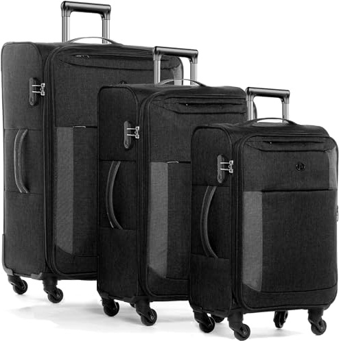 FERGÉ Kofferset Weichschale 3 teilig leicht erweiterbar Saint-Tropez Reisekoffer Trolley-Set (Handgepäck, L, XL) 3er Set Stoff-Koffer Roll-Koffer 4 Rollen Stretch-Flex schwarz