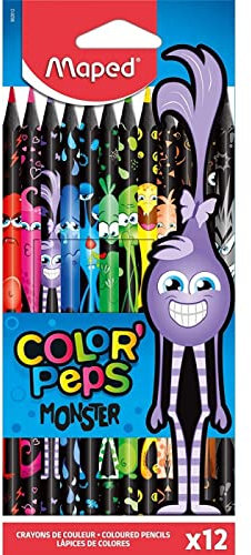 Maped 862612 - ergonomische Drei-Kant-Buntstifte, Farbstifte COLOR'PEPS BLACK MONSTER - schwarzer Schaft und bunte Monster-Bedruckung - 12x Stifte