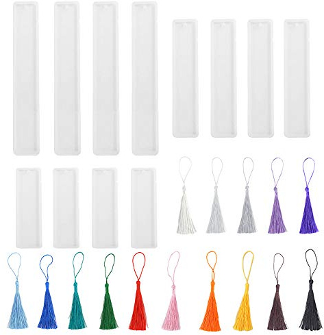 Zasiene 12 Pièces Moule de Marque-Pages Moule Silicone Moule pour Resine Moule de Signet en Silicone Moule de Signet de Silicone de Rectangle Transparent avec 15 Pièces Glands Colorés pour DIY