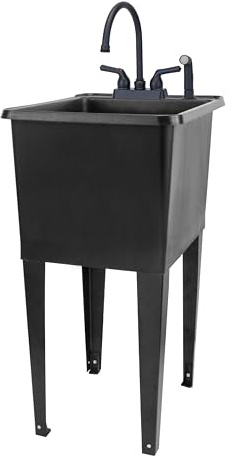 Black Space Saver Utility Sink by JS Jackson Supplies, Freestanding Tehila Space Saving Laundry Tub, Black Gooseneck Faucet with Side Sprayer