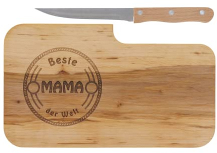 LASERHELD Tagliere per il pane in legno con incisione Beste Mama der Welt e coltello, 26 x 15 cm, tagliere per la colazione, tagliere in legno, tagliere per la festa della mamma, regalo per la mamma
