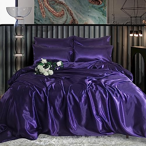 Rooee Set completo di biancheria da letto in raso di seta 6 pezzi con lenzuolo con angoli, copripiumino, 4 federe. Colore - Melanzana Dimensione - Molto grande