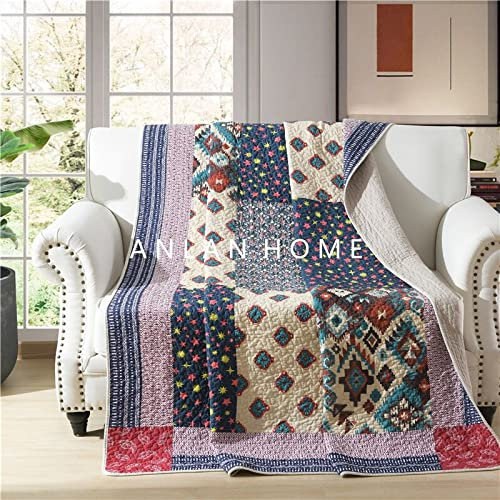 Patchwork-Überwurf, gesteppt, Patchwork, Sofaüberwurf, Patchwork, Tagesdecke, gesteppt, indisch, Überwurf, kariert, bunt (marineblau)