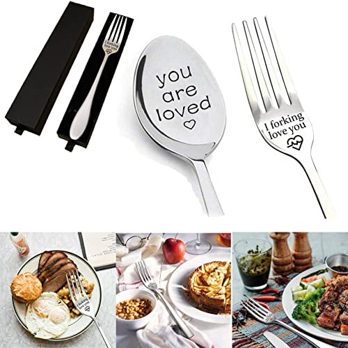 Twaynorb I Forking Love You Fork And Spoon Set, I Forking Love You Fork in Gift Box, Carving Fork, Engraved Fork - Gift for Husband Wife and Family (A)