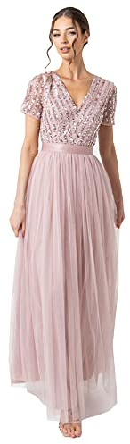 Maya Deluxe Maxi klänning för dam dam braidesmaid V-ringad plusstorlek boll gown kortärmad lång elegant empire midja brudtärna klänning dam, Frost rosa., 52