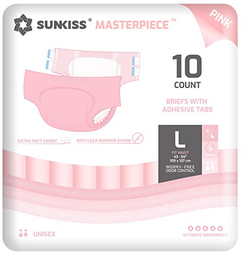 SUNKISS Masterpiece Adult Diapers with Ultimate Absorbency, Unisex Disposable Incontinence Briefs with Tabs for Women and Men, Odor Control, Overnight Protection, Pink, L/XL, 10 Count