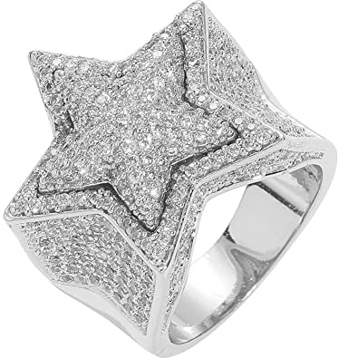 DFWY Herren Iced Out CZ Simulated Diamond 3D Star Ring -14K Vergoldeter Hip Hop Bling Pentagramm Zirkon Ring - Funkelnder Strass Rapper Street Rock Schmuck(Silver,07)