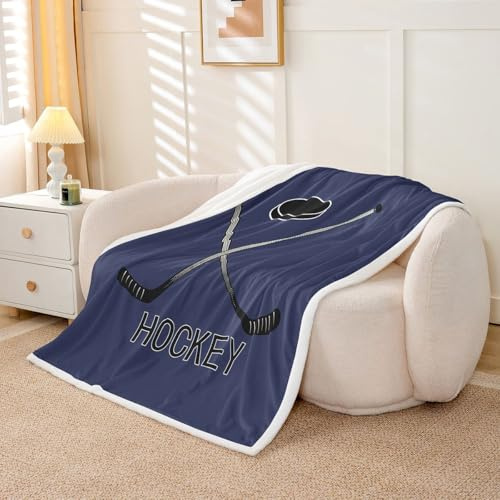 Ice Hockey Fleece Blanket for Boys, Ice Hockey Stick Sherpa Blanket Throw Size Winter Sports Games Throw Blanket Puck Soft Microfiber Plush Bed Blanket for Kids Teens Adult Bedroom Decor, Dark Blue
