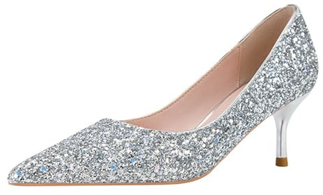 Glitterpumps damer höga klackar sexig kattunge klack prickade tå sko 6 cm lediga kontorsskor klänning skor, silvrig, 37 EU