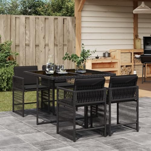 Gecheer 5-TLG. Polyrattan Gartenmöbel Set Sitzgruppe 4 Personen Garten Essgruppe Gartenlounge Set Gartentisch mit Stühlen Loungemöbel Balkonmöbel Set Balkon Möbel Gartengarnitur mit Kissen Schwarz