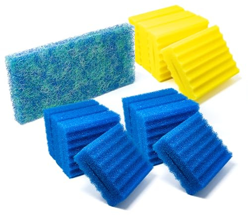 VIALIA 13er Set Filterschwämme Ersatzteile für Kammerfilter CBF-350B | 8 blaue und 4 gelbe Schwämme, 22,5x20x8,5 cm, 1 Japanmatte, hohe Wasserdurchlaufmenge, einfache Reinigung