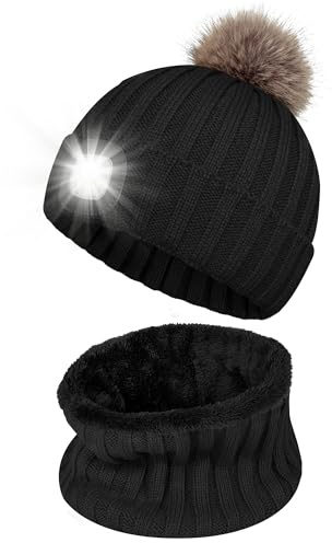 Shedoo Mütze mit Led Licht Kinder, Led Mütze mit Schal für Jungen und Mädchen, USB Wiederaufladbare LED Beleuchtete Beanie Mütze mit Licht, Wärmer Wintermütze für Jogging, Camping, Angeln, Walking